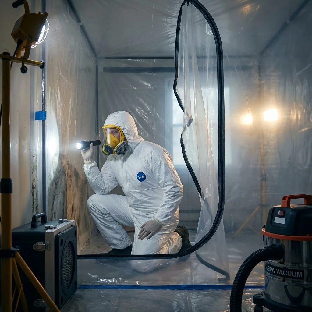 Technician in full white PPE suit and respirator mask inspecting a wall