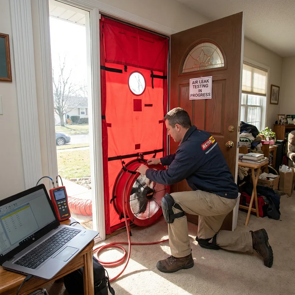 Technician setting up a red blower door test