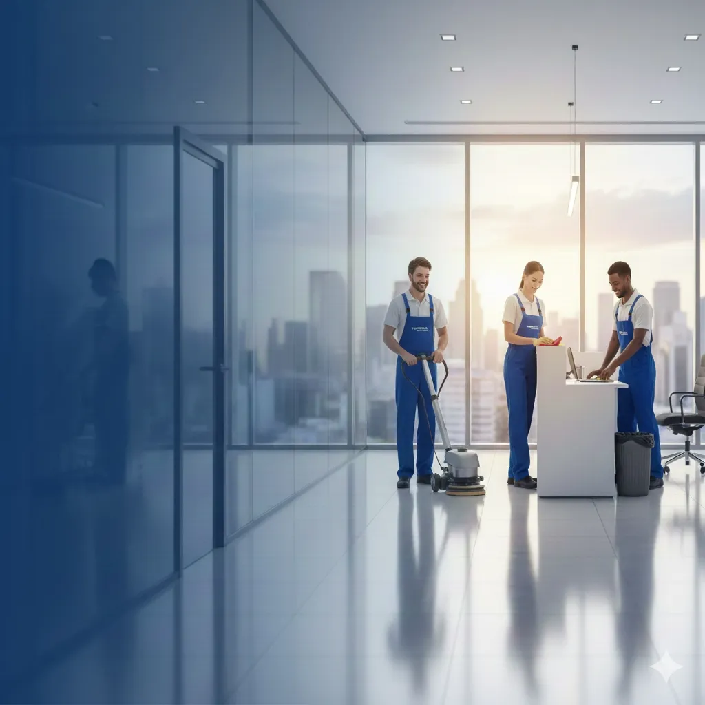 Professional commercial cleaning team in a modern Florida office