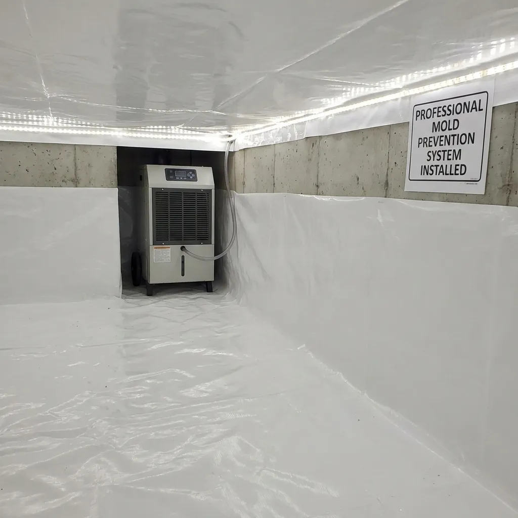 Clean crawl space encapsulated with white liner