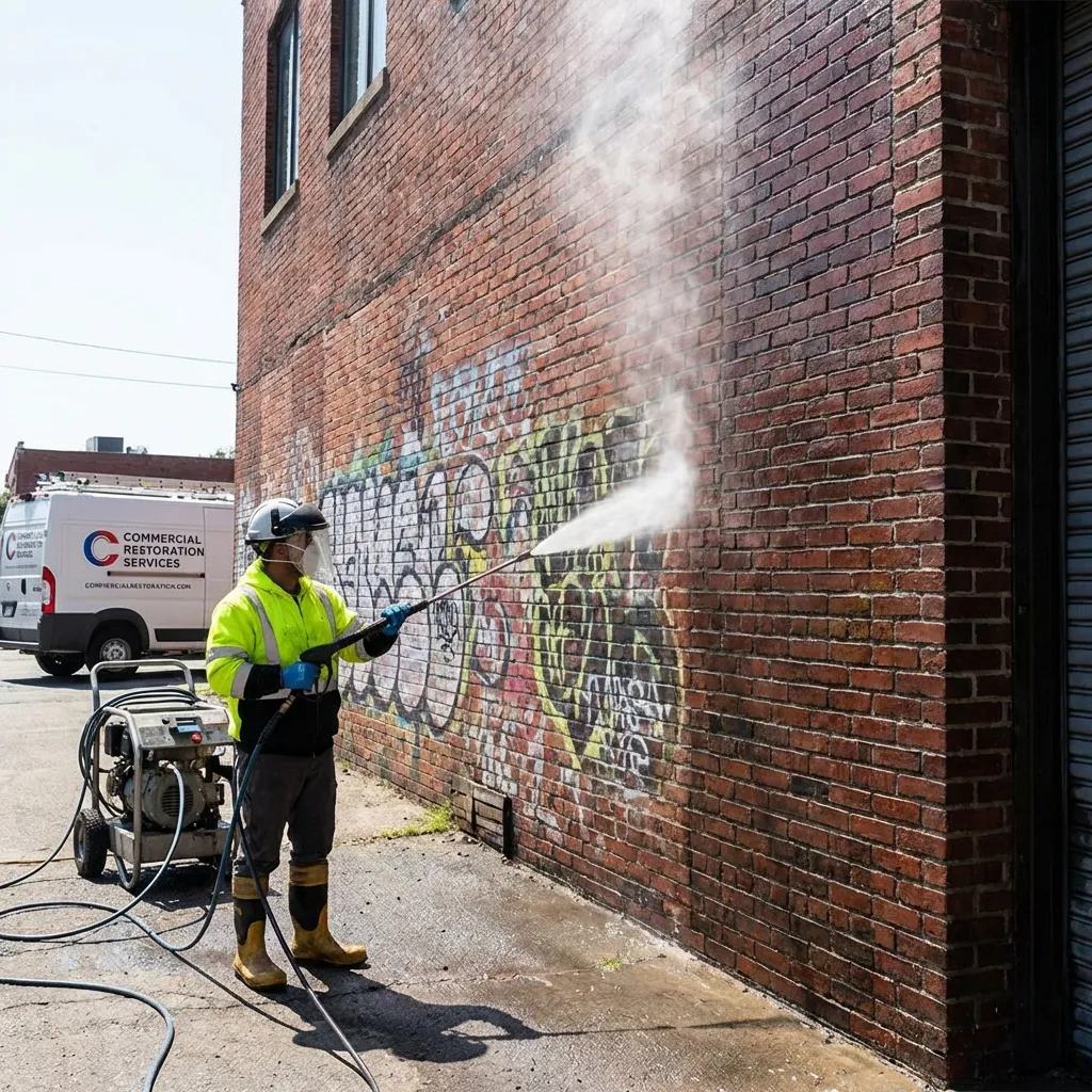 Pressure washing graffiti off a brick wall