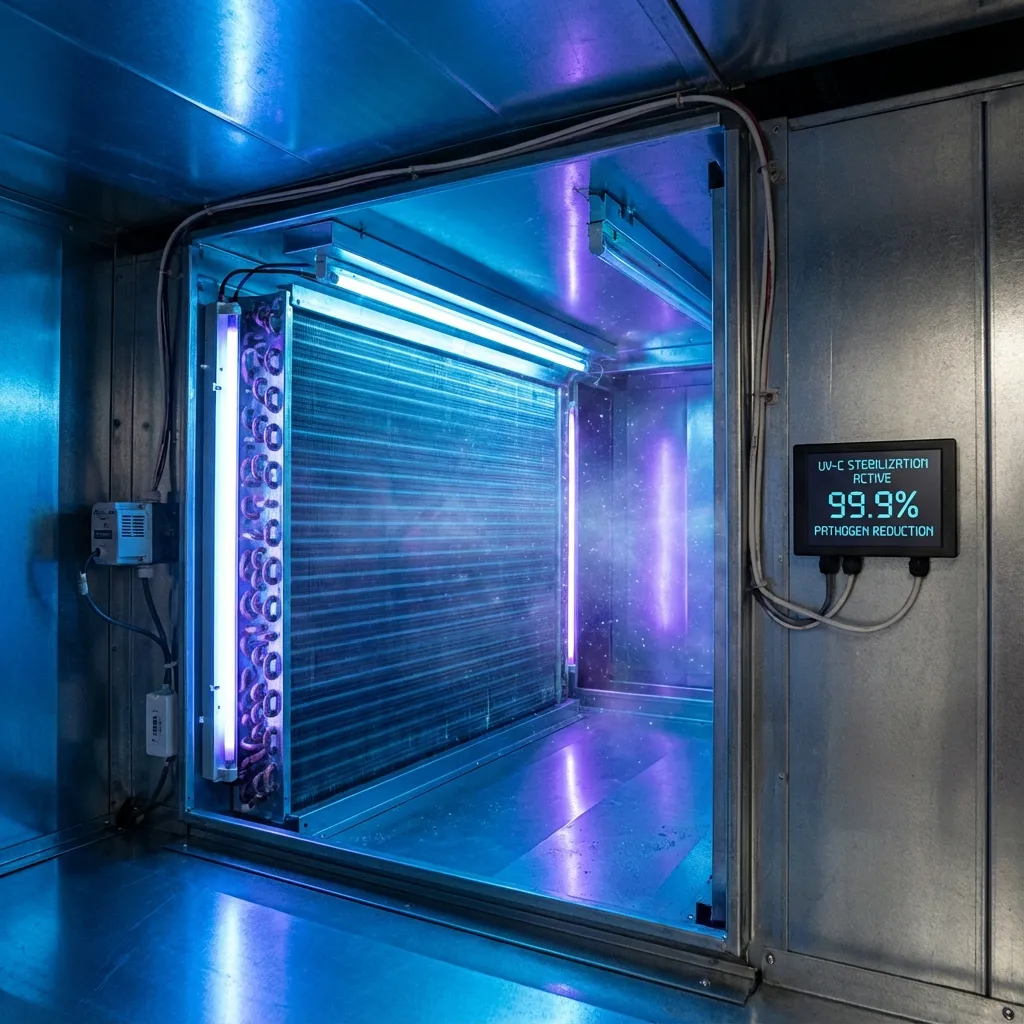 Blue UV light glow inside HVAC ductwork