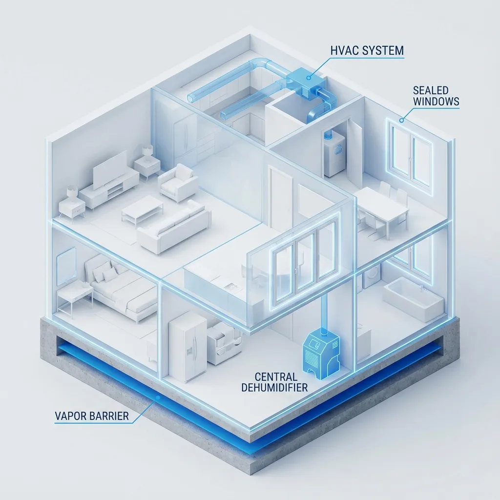 3D isometric cross-section of a modern house highlighting moisture defense layers