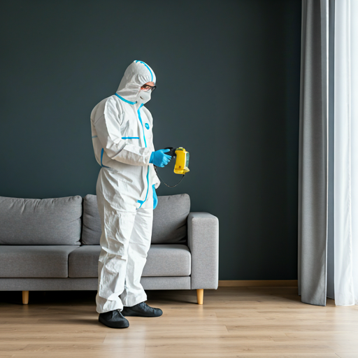 Technician in white PPE suit using a yellow air sampling device in a modern living room