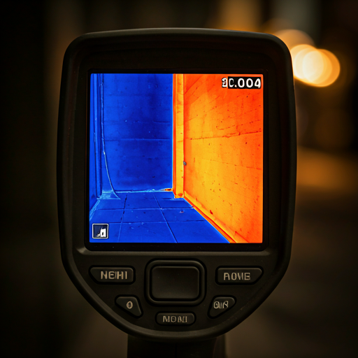 Thermal imaging camera screen showing blue and orange heat map of a wall leak