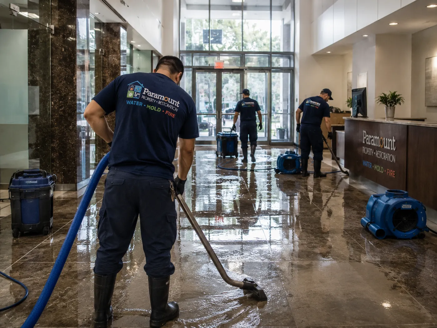 Commercial restoration crew working a flooded office lobby in South Florida