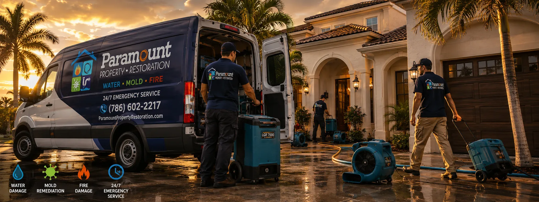 Paramount Property Restoration crew with drying equipment in a flooded South Florida home