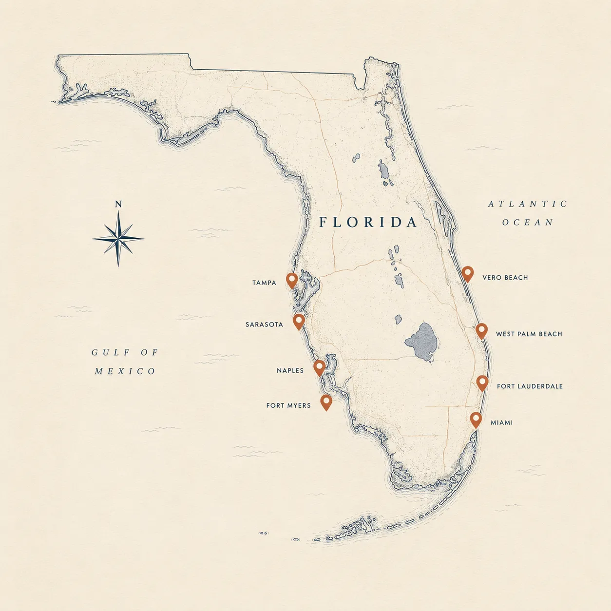 Map of Paramount Property Restoration coverage across Southwest, Treasure Coast and Southeast Florida