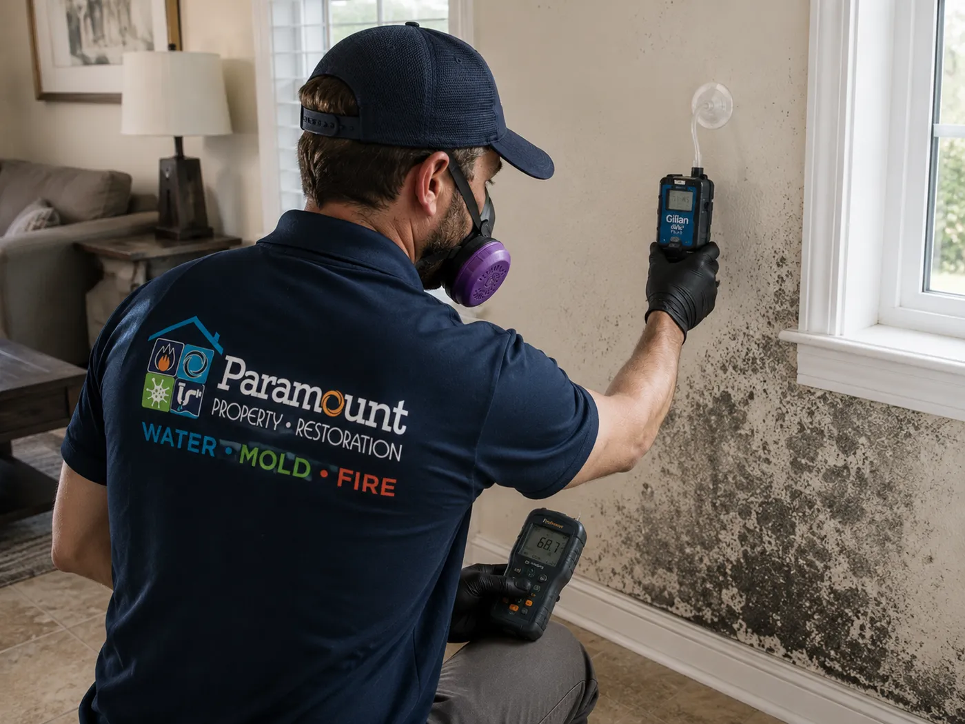 Mold testing technician taking an indoor air-quality sample during a mold inspection