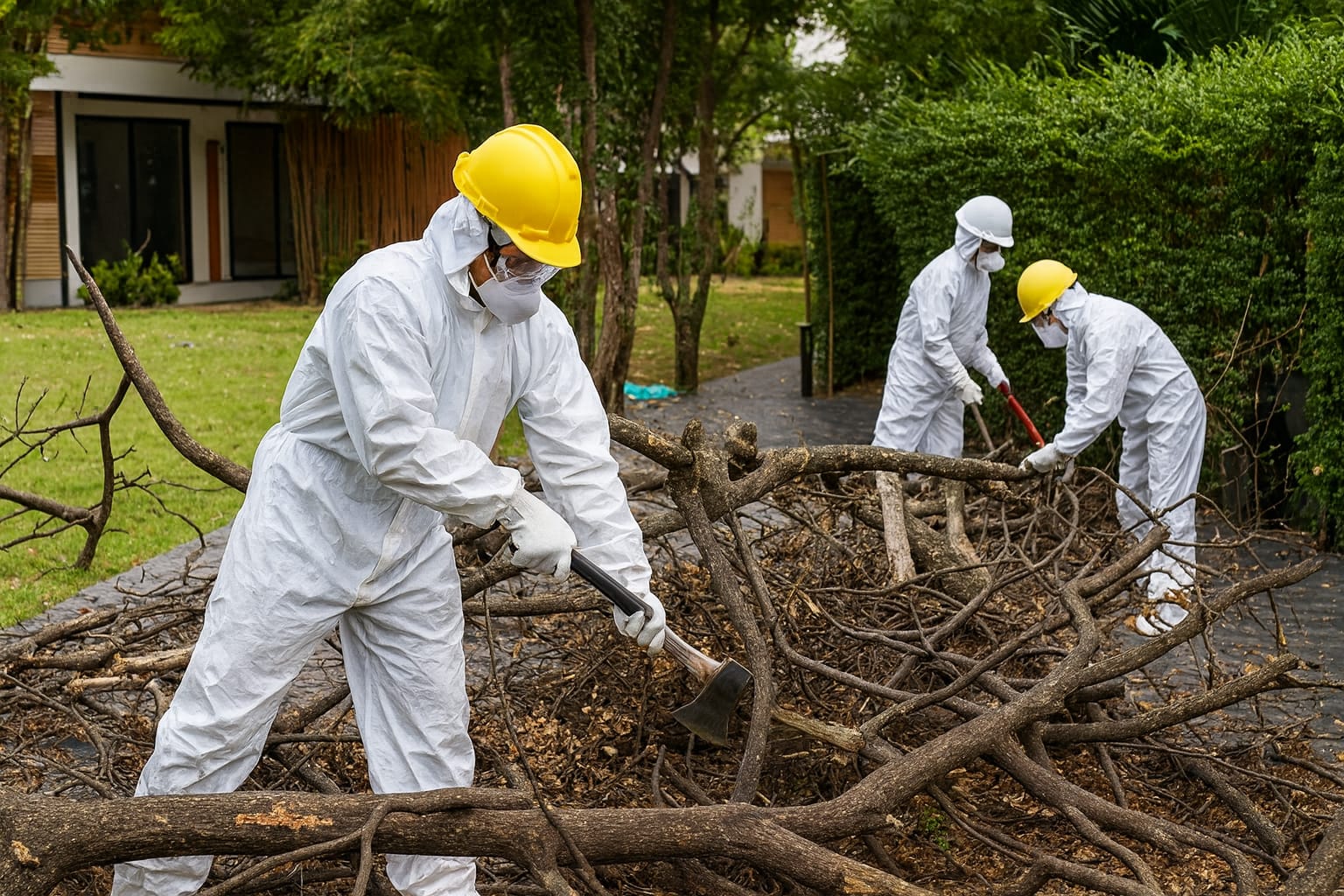 Crew removing fallen branches and exterior debris