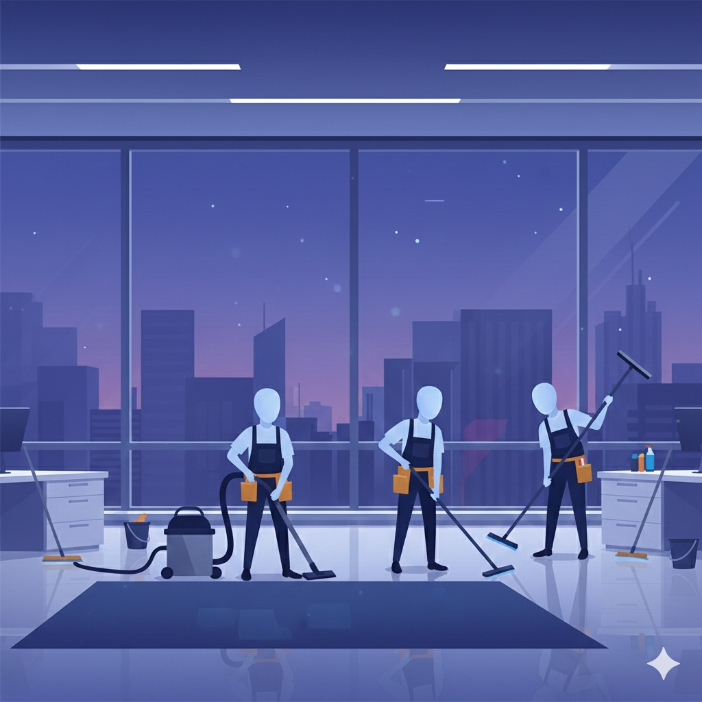 Professional office cleaning team at night
