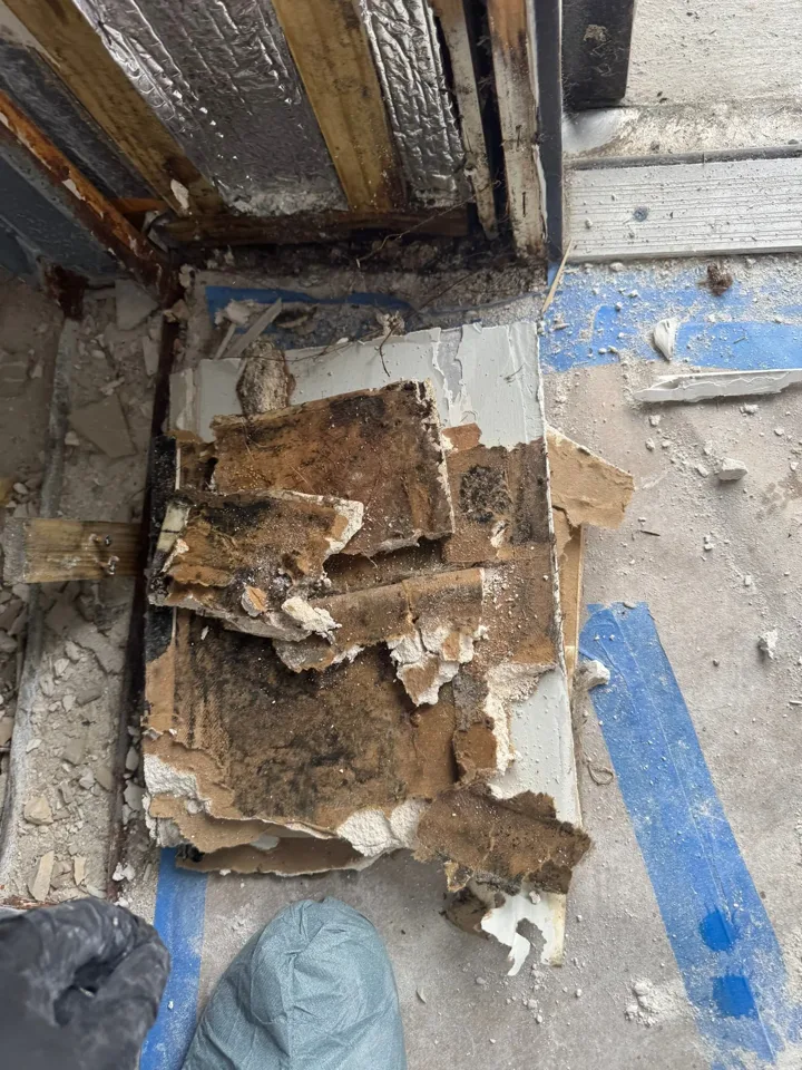 Exposed wall and window framing with damaged interior materials.